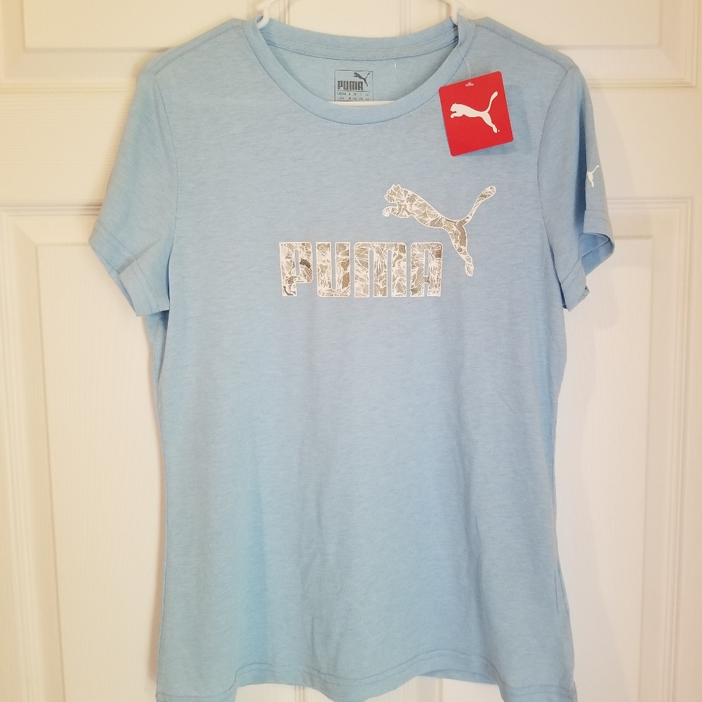 Puma Floral Tee NWT Light Blue Logo Chest